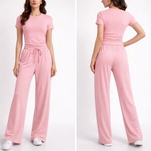 Soft Pink Lounge Set - Short Sleeve Top & Wide Leg Pants